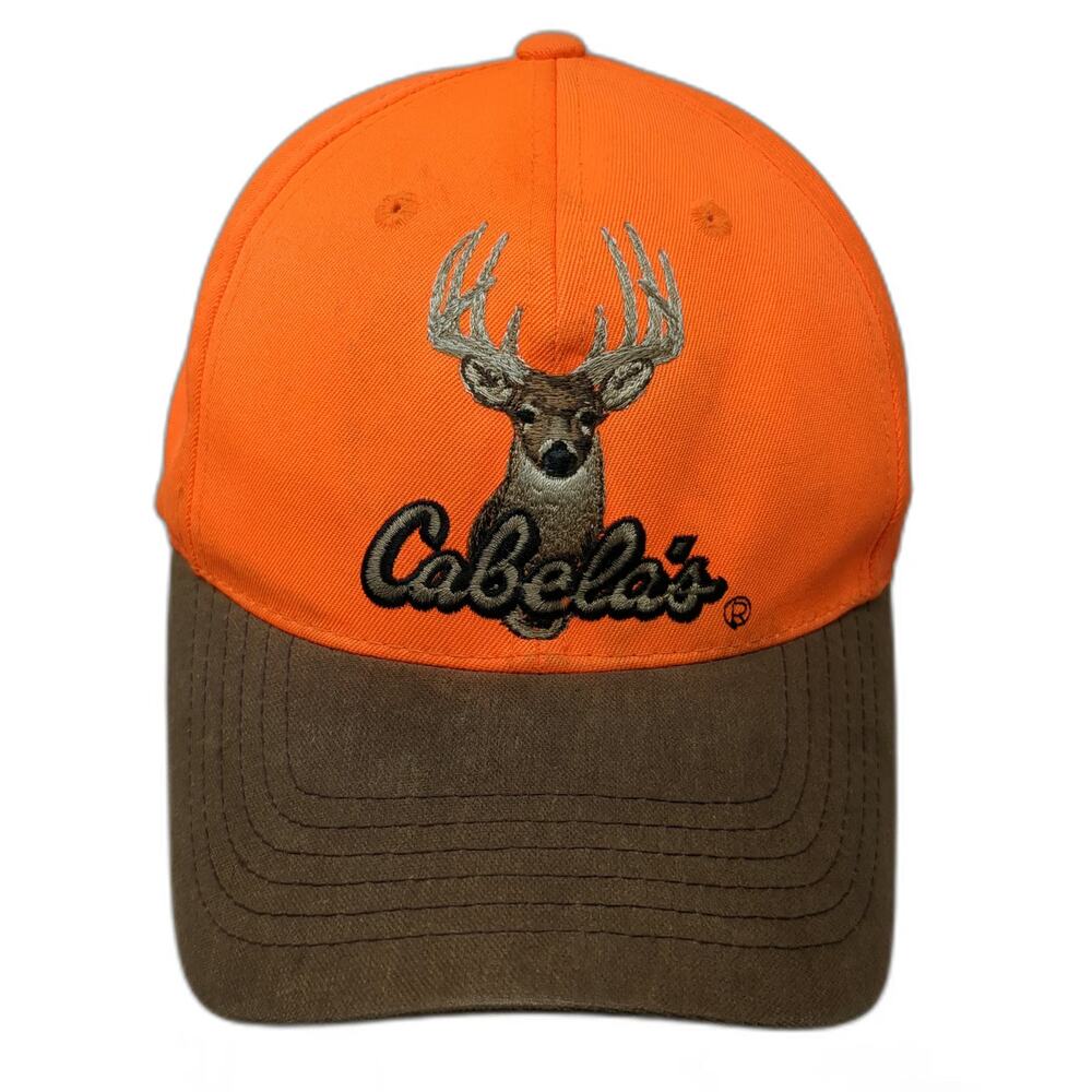 Cabela's Snapback Orange One Size Hat Deer Buck Embroidery EST 1961 Brown Brim